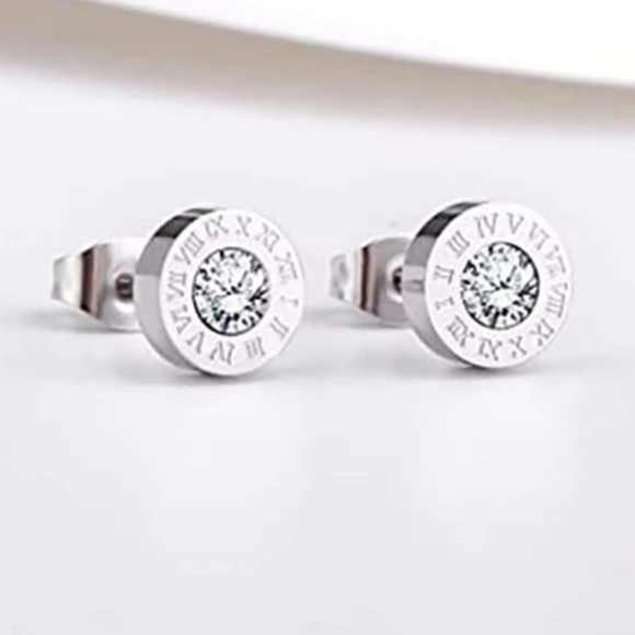 925 Silver Plated Stainless Steel Round Cut Zircon Roman Numerals Stud E… - Picture 3 of 7